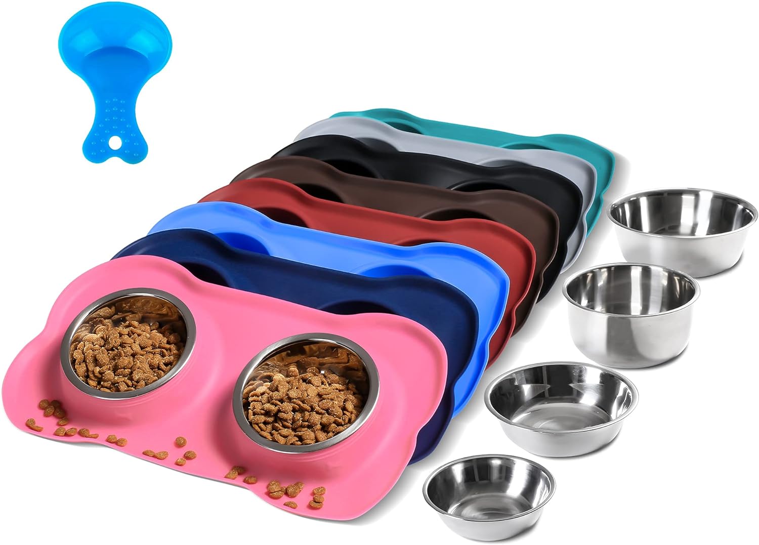 2 Stainless Steel Dog Bowls with Non Skid Silicone Mat and Scoop