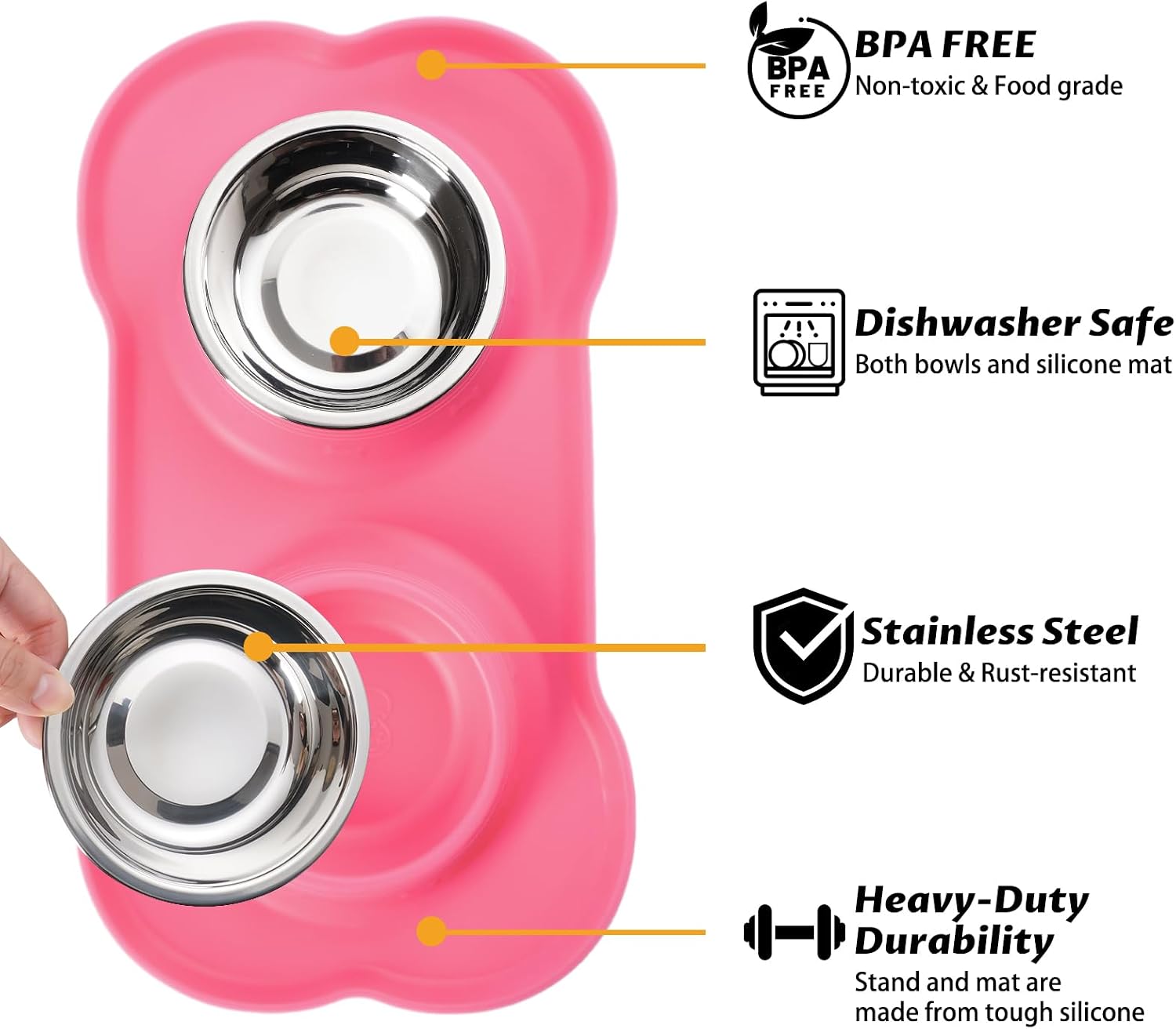 2 Stainless Steel Dog Bowls with Non Skid Silicone Mat and Scoop