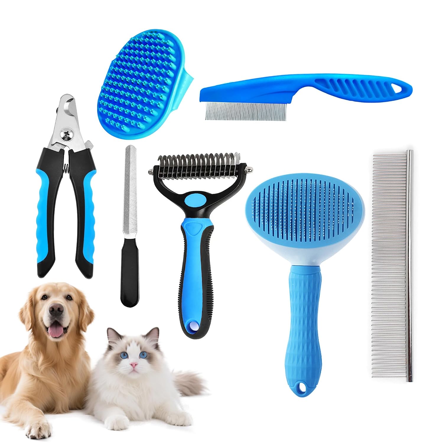 7 Piece Dog Grooming Brush Kit with Slicker and Undercoat Rake