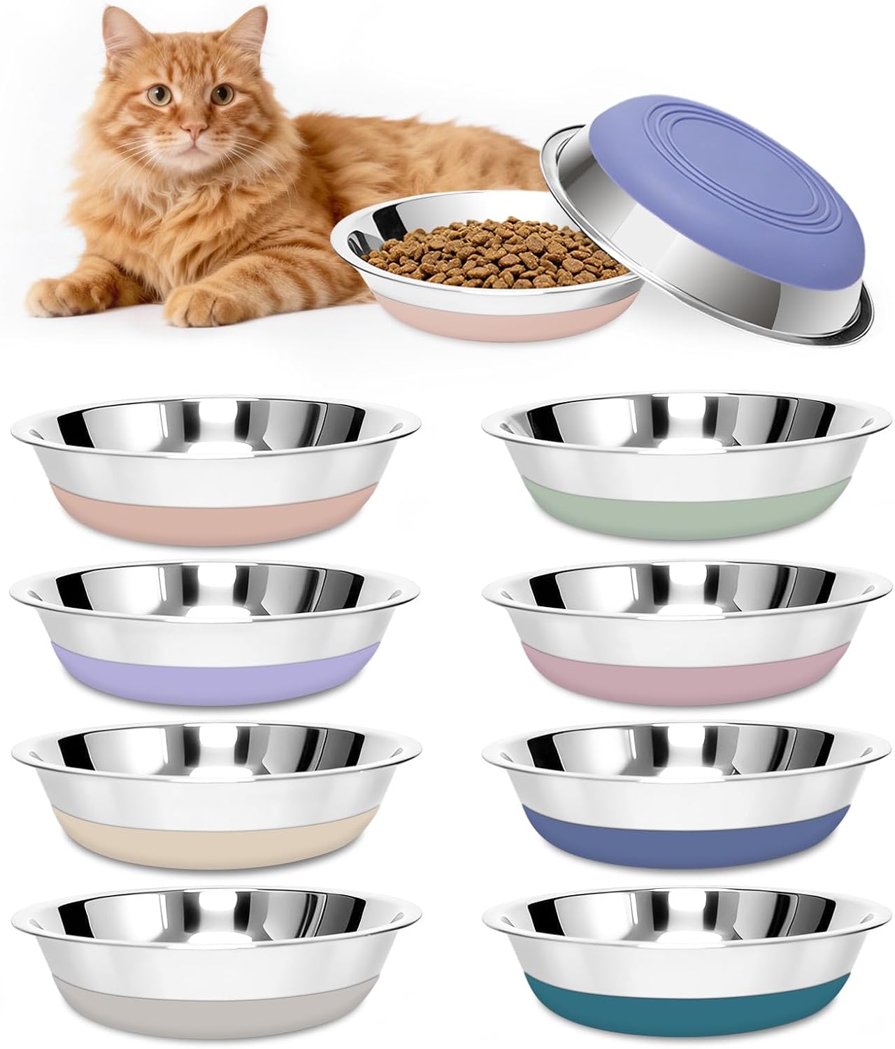 8 Pack Stainless Steel Cat Bowls with Non Slip Silicone Bottom