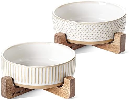 Ceramic Dog and Cat Bowl Set with Acacia Wood Stand, 2 Cup