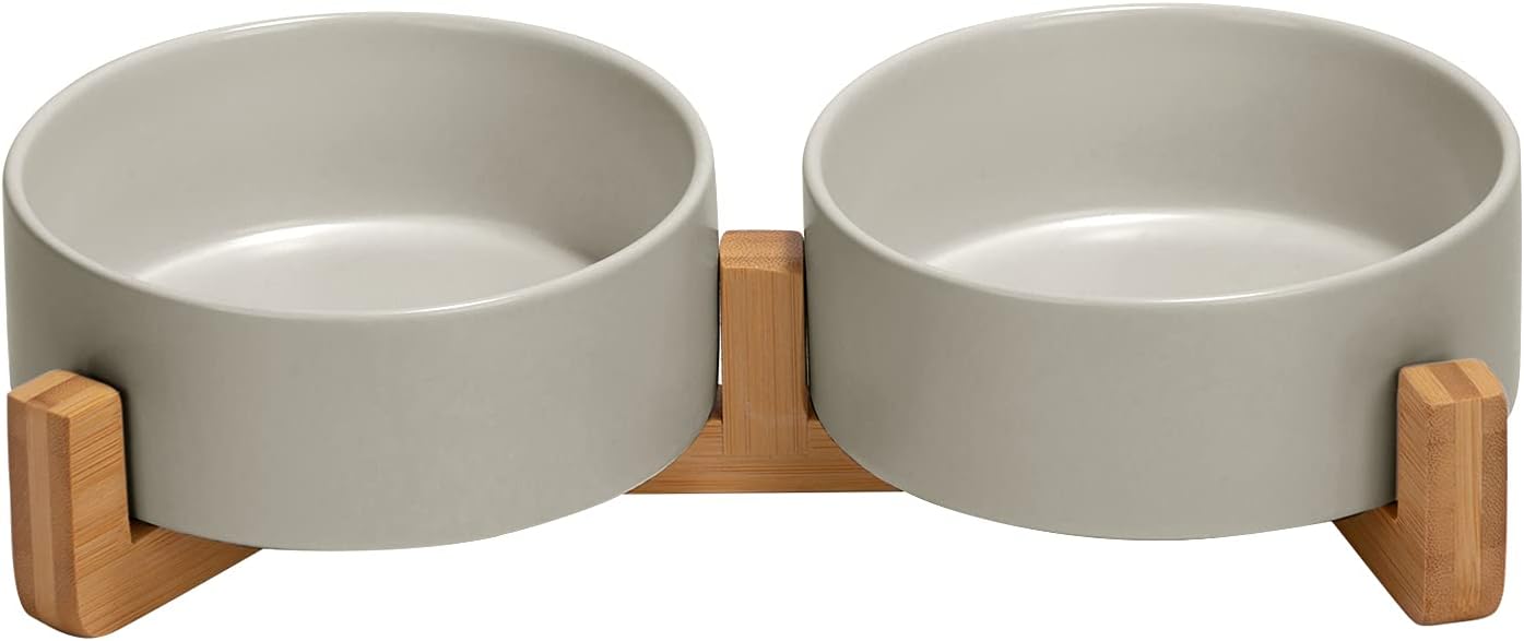 Ceramic Dog and Cat Bowl with Wood Stand, Non Slip Matte Glaze