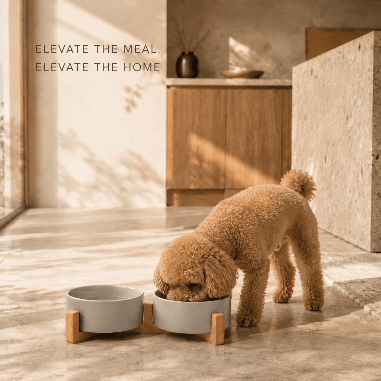 Ceramic Dog and Cat Bowl with Wood Stand, Non Slip Matte Glaze