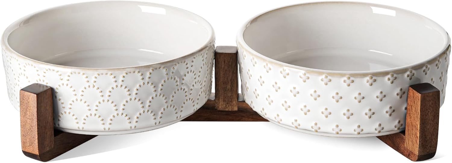 Ceramic Dog Bowl Set with Acacia Wood Stand, 1.8 Cup