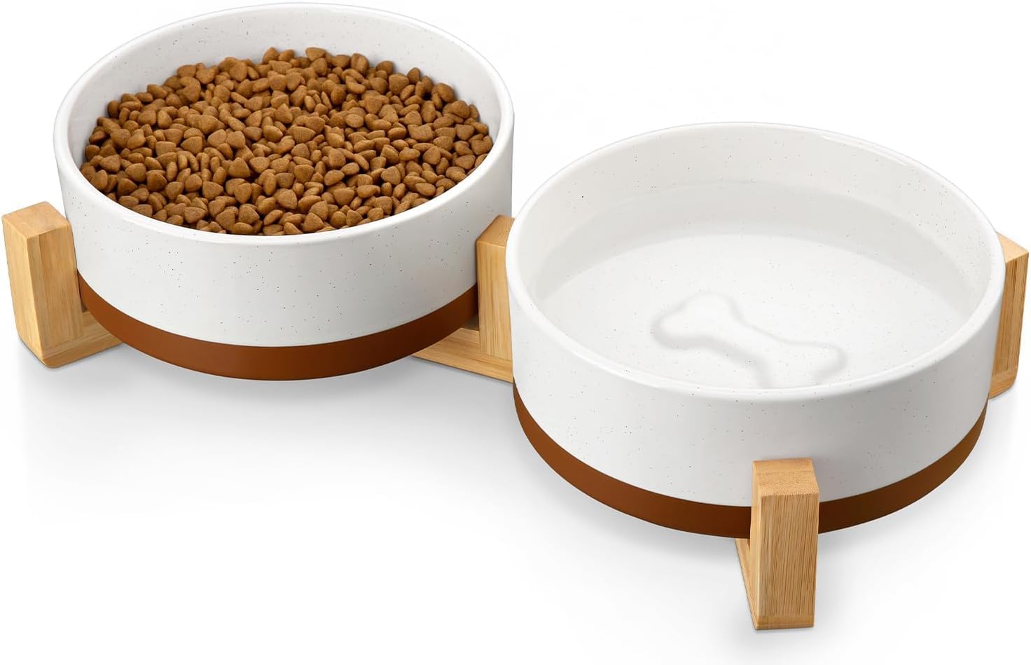 Ceramic Dog Bowl Set with Wood Stand, 3.5 Cups, Non Slip Base