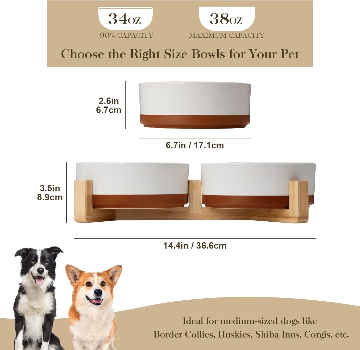 Ceramic Dog Bowl Set with Wood Stand, 3.5 Cups, Non Slip Base