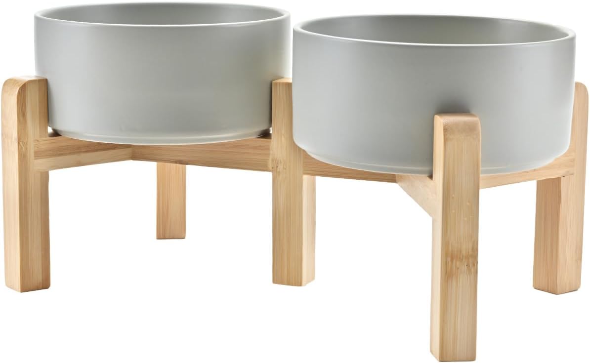 Elevated Ceramic Dog and Cat Bowls, 6.1 in, with Bamboo Stand