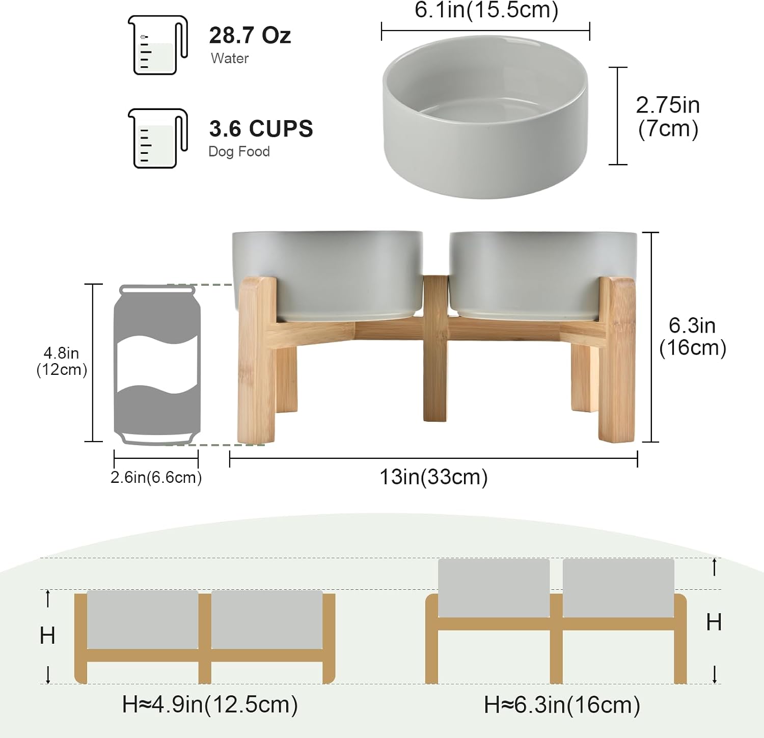 Elevated Ceramic Dog and Cat Bowls, 6.1 in, with Bamboo Stand