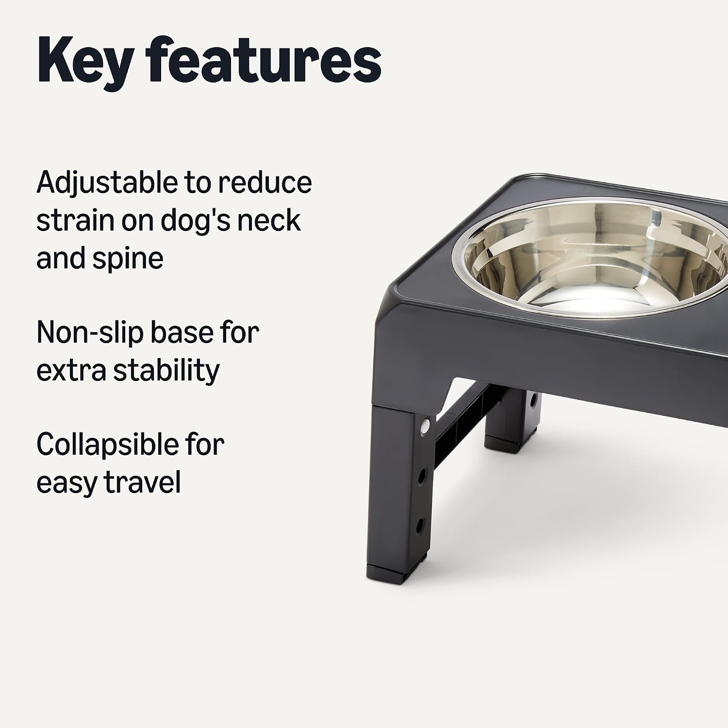 Elevated Dog Bowl Stand, 5 Height Adjustable and Foldable, with Steel Bowls