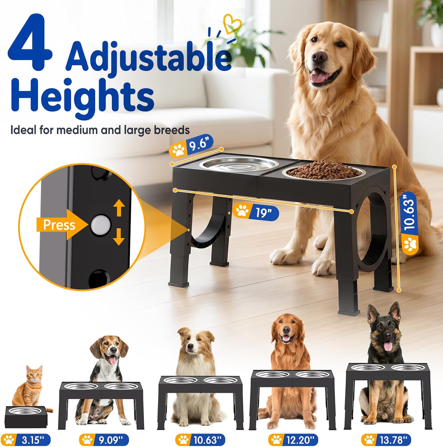 Elevated Dog Bowl Stand for Large Dogs with Stainless Steel Bowls