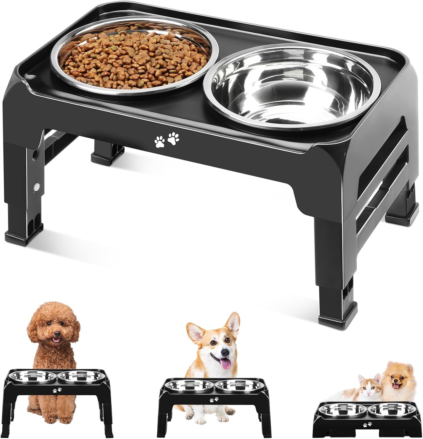 Elevated Dog Bowls, 3 Height Adjustable Stand with 2 Steel Bowls