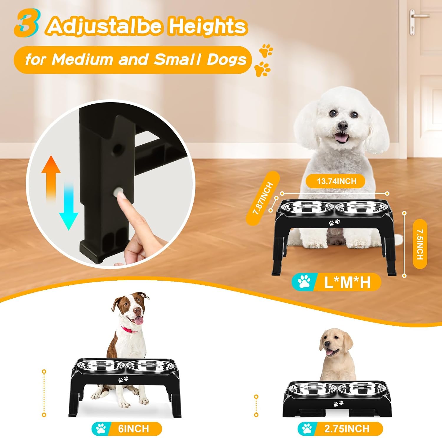 Elevated Dog Bowls, 3 Height Adjustable Stand with 2 Steel Bowls