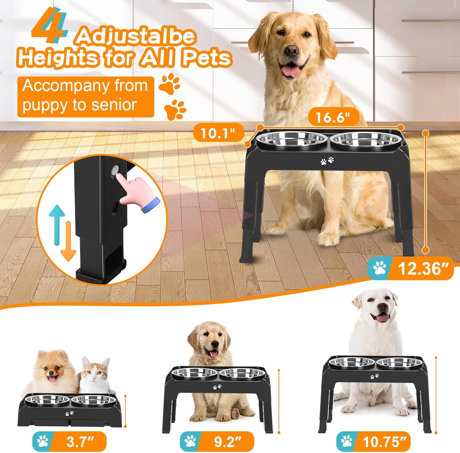 Elevated Dog Bowls, 4 Height Adjustable Stand with 2 x 50 oz Bowls