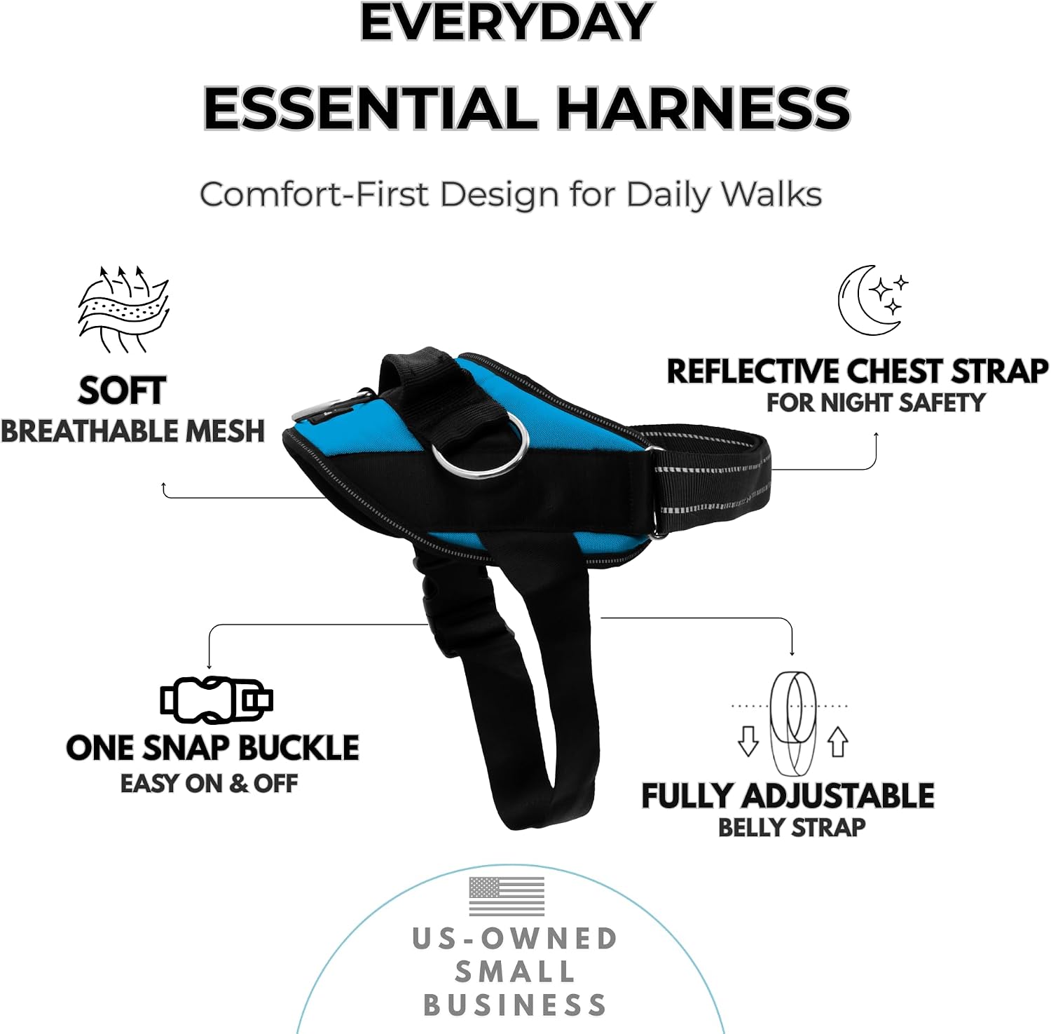 No Pull Dog Harness with 3 Leash Clips, Oceanic Blue, Small