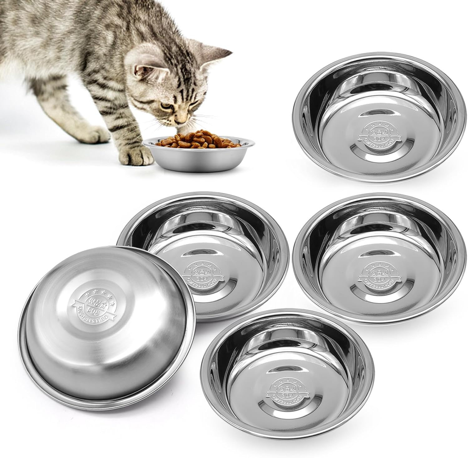 Shallow Wide Stainless Steel Cat Bowls, Whisker Friendly