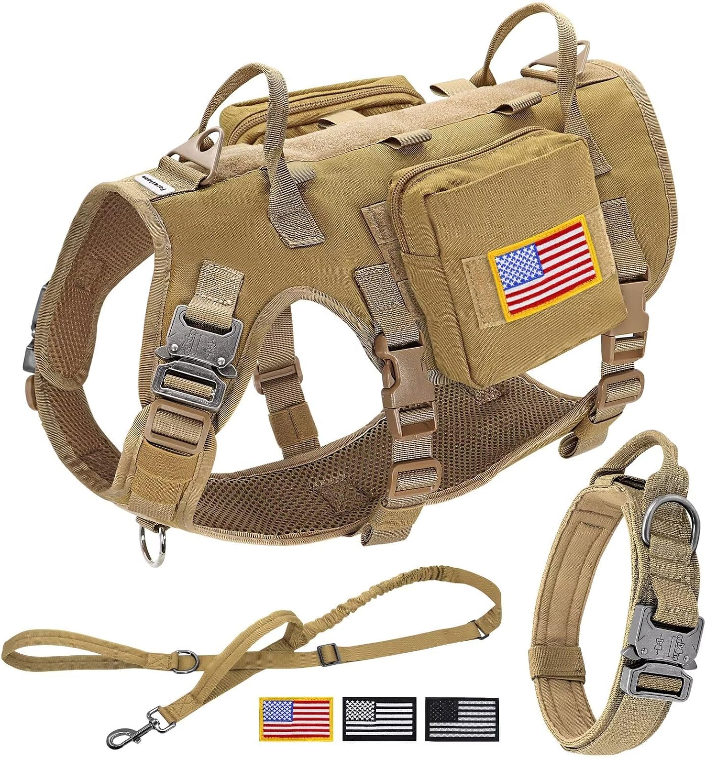Tactical Dog Harness, Collar and Bungee Leash Set, Medium, Brown