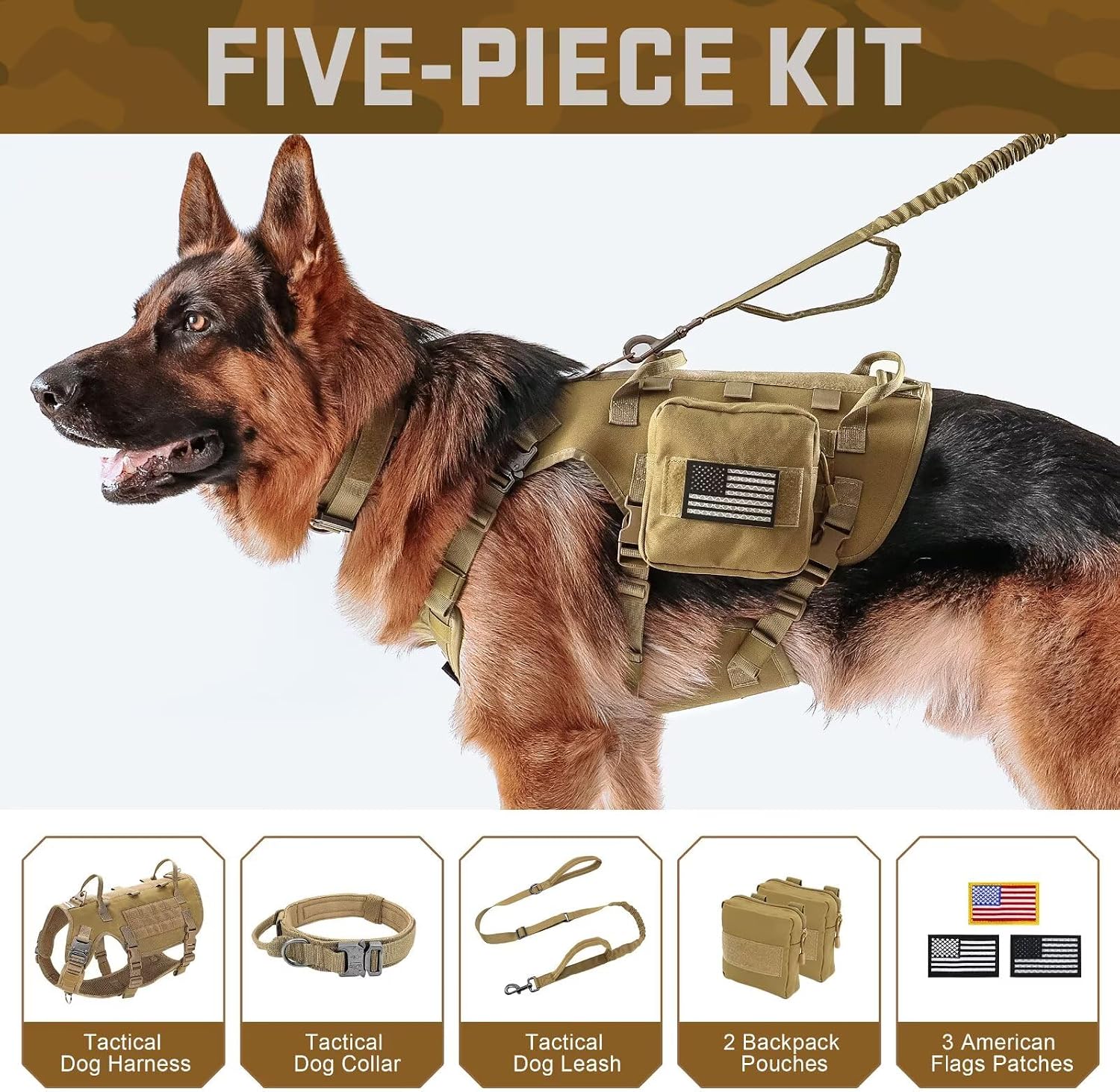 Tactical Dog Harness, Collar and Bungee Leash Set, Medium, Brown